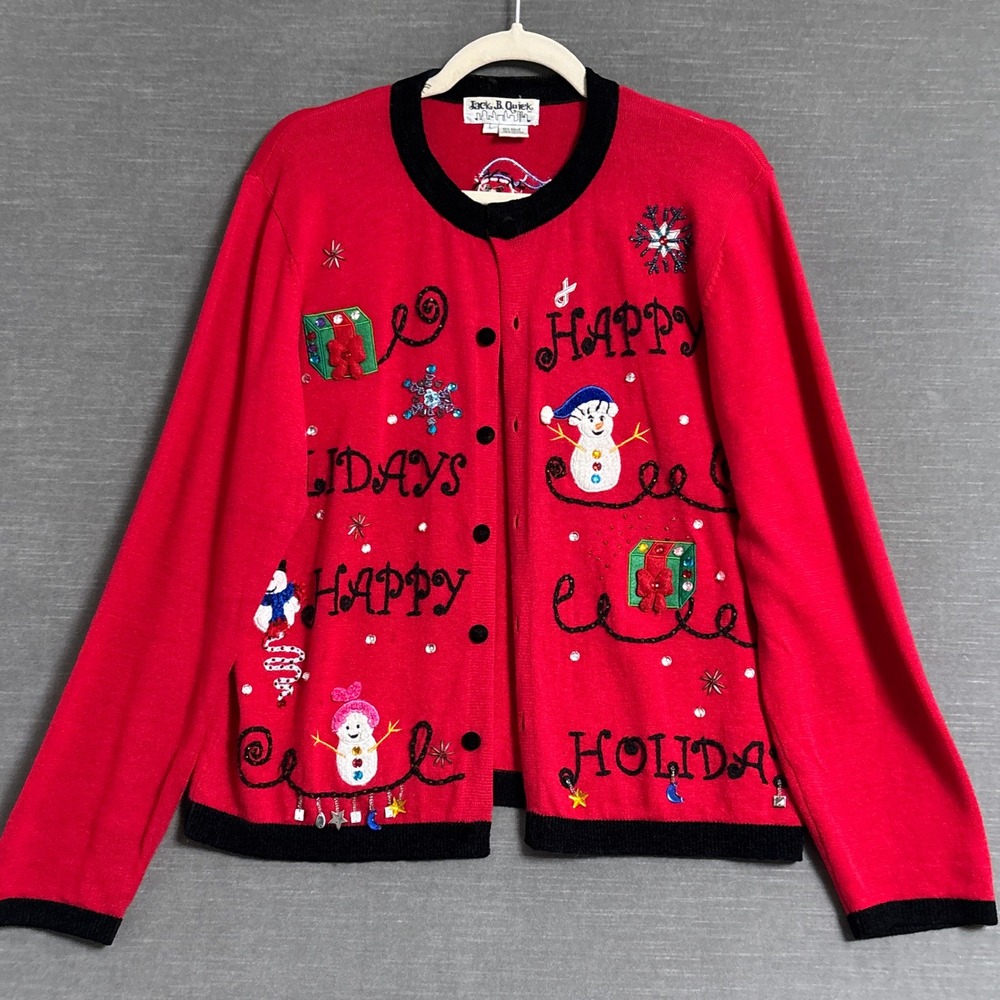 Jack B Quick Cardigan L Red Happy Holiday Snowman Beaded Christmas Ugly Sweater